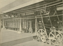Belting press photo from India Rubber World, 1899. The press could vulcanize four planes of belts at once, and could process 12 miles of 2 inch belting per day.
